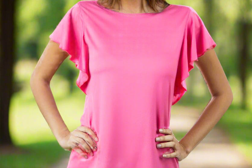 Anue Miami; Flutter sleeve, high neck,  fitted top 
