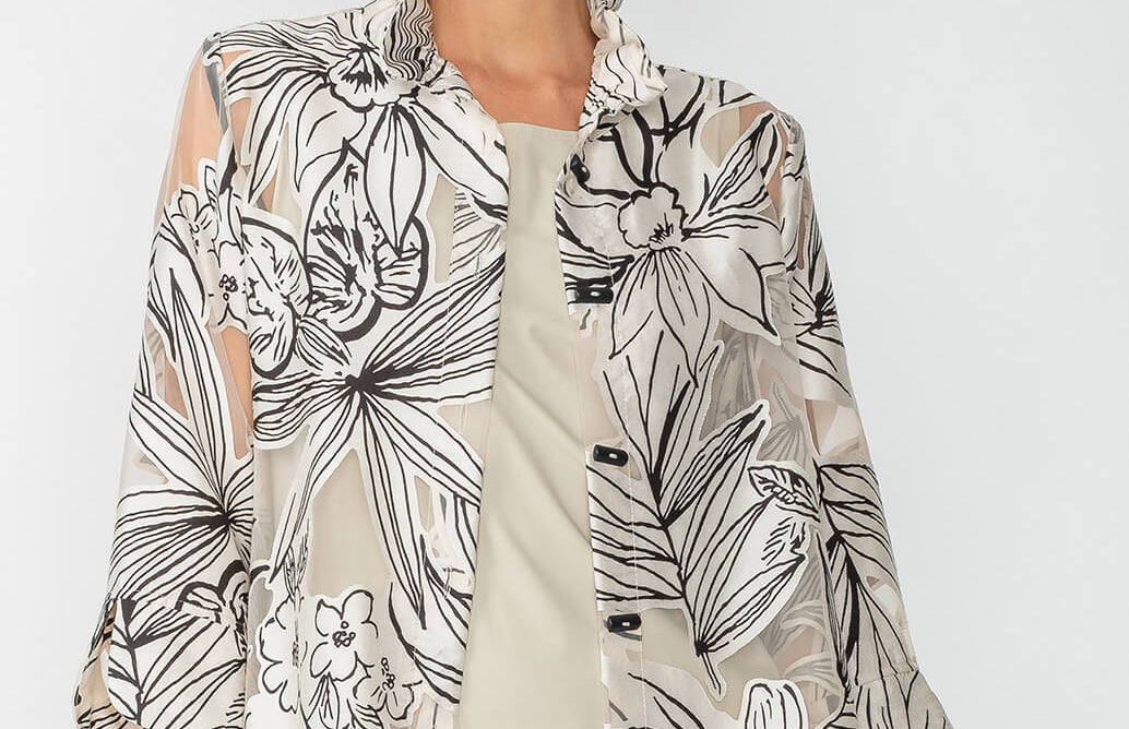 IC Collection, Black Button Front, Neutral Floral Burnout Ruched Collar Jacket with Back Button Detail
