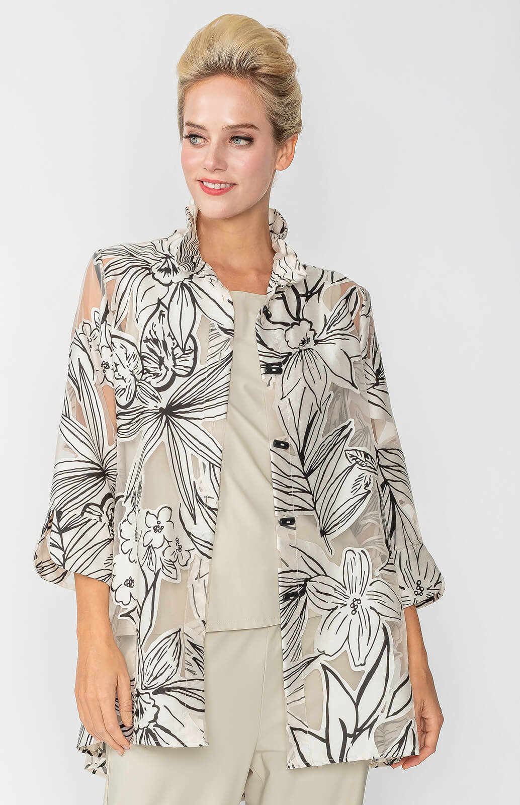 IC Collection, Black Button Front, Neutral Floral Burnout Ruched Collar Jacket with Back Button Detail