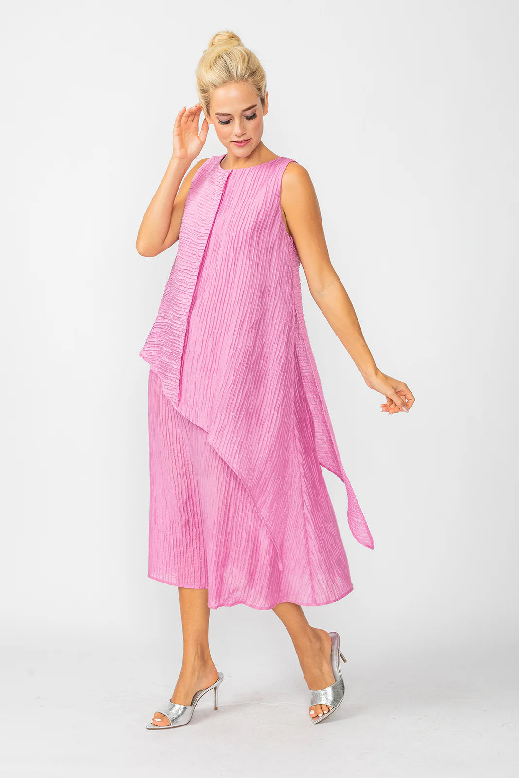 IC collection; flowy asymmetrical  crinkle dress, lightweight, orchid color 