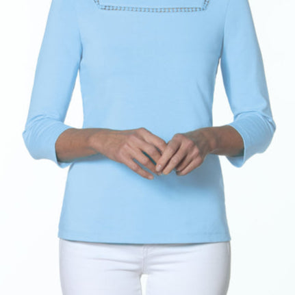 ELI, Cotton blend, 3/4 sleeve, square neck detail top 