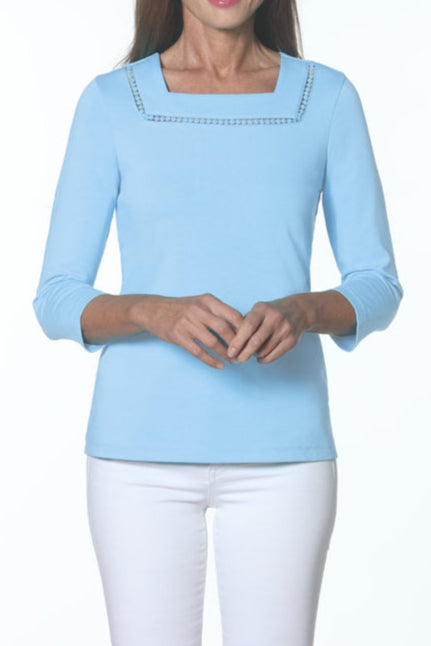 ELI, Cotton blend, 3/4 sleeve, square neck detail top 