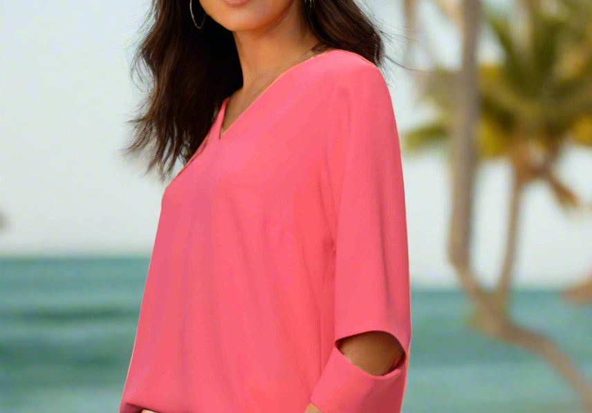 Emmelle Design Lustrous Crepe Elbow Slit 3/4 Sleeve Top