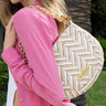 Eric Javits straw bag; gold chain, white mix, wood detail. 