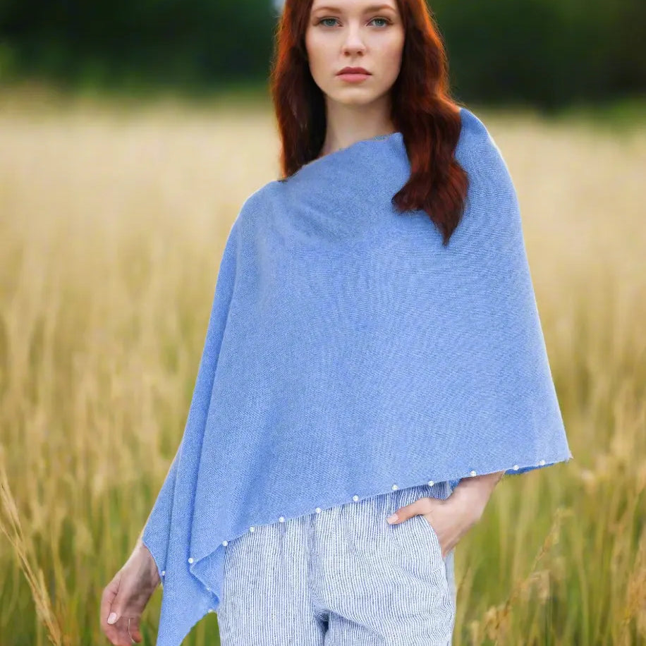 Alashan 100% Cashmere Topper with Pearl trim blue horizon