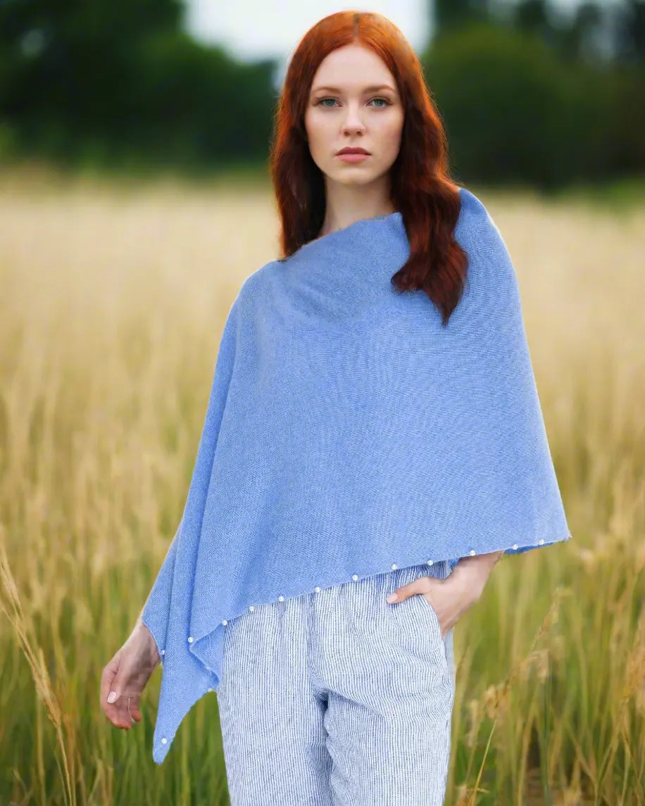 Alashan 100% Cashmere Topper with Pearl trim blue horizon