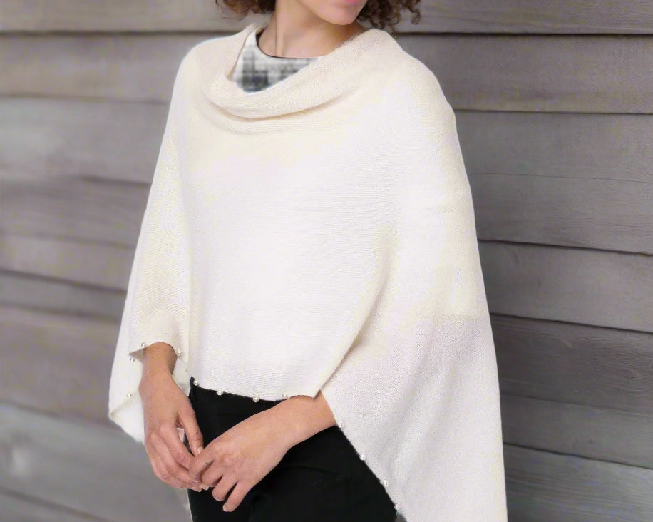 Alashan 100% Cashmere Topper with Pearl trim white