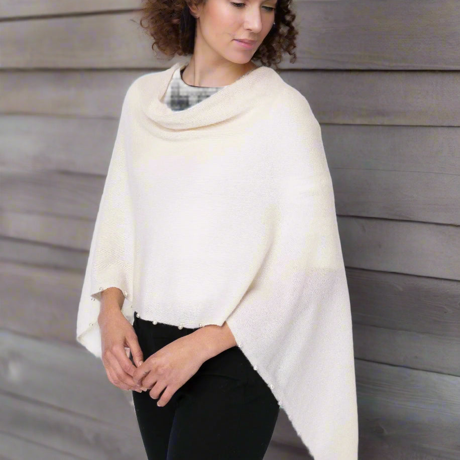 Alashan 100% Cashmere Topper with Pearl trim white