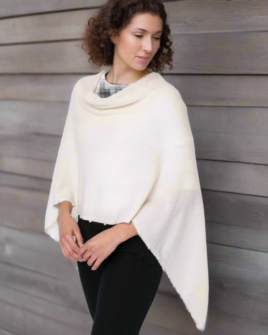 Alashan 100% Cashmere Topper with Pearl trim white