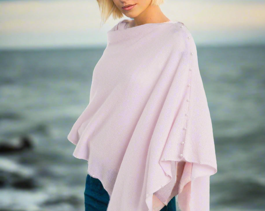 Alashan 100% Cashmere Topper with Pearl trim beach pink