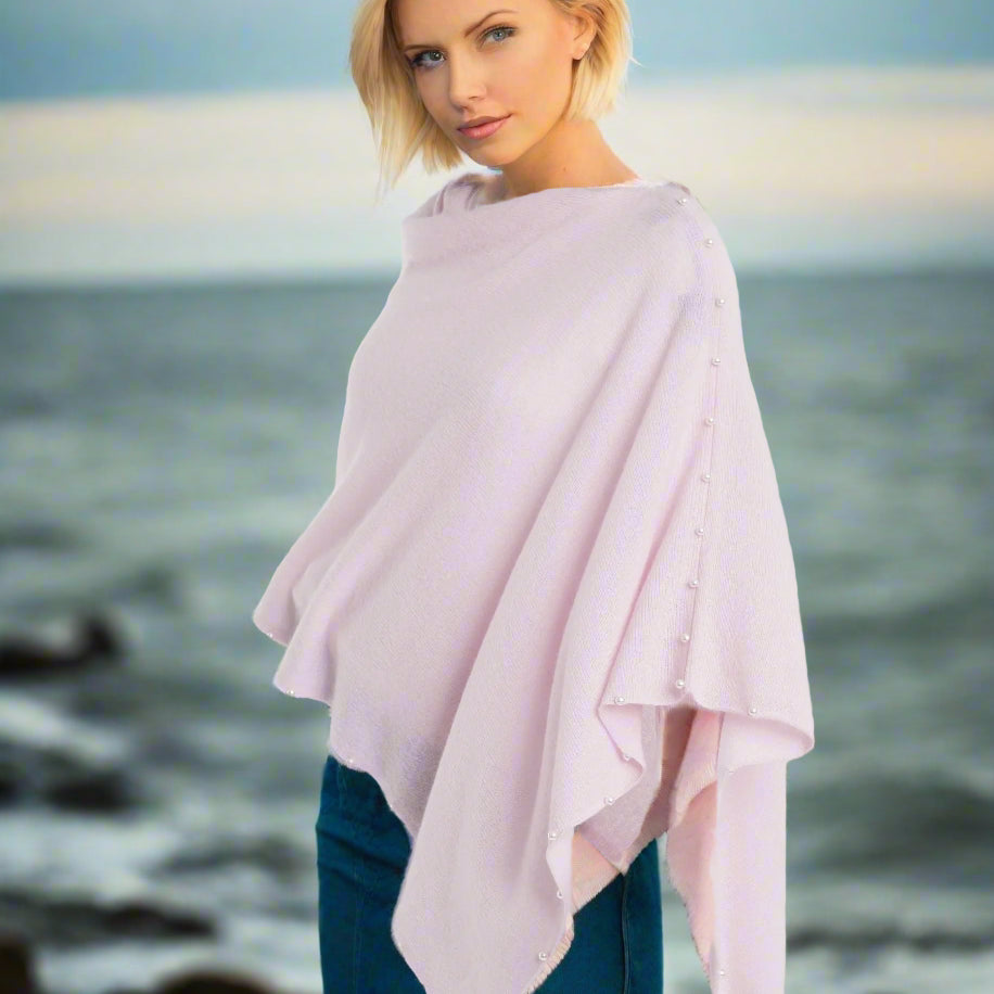Alashan 100% Cashmere Topper with Pearl trim beach pink
