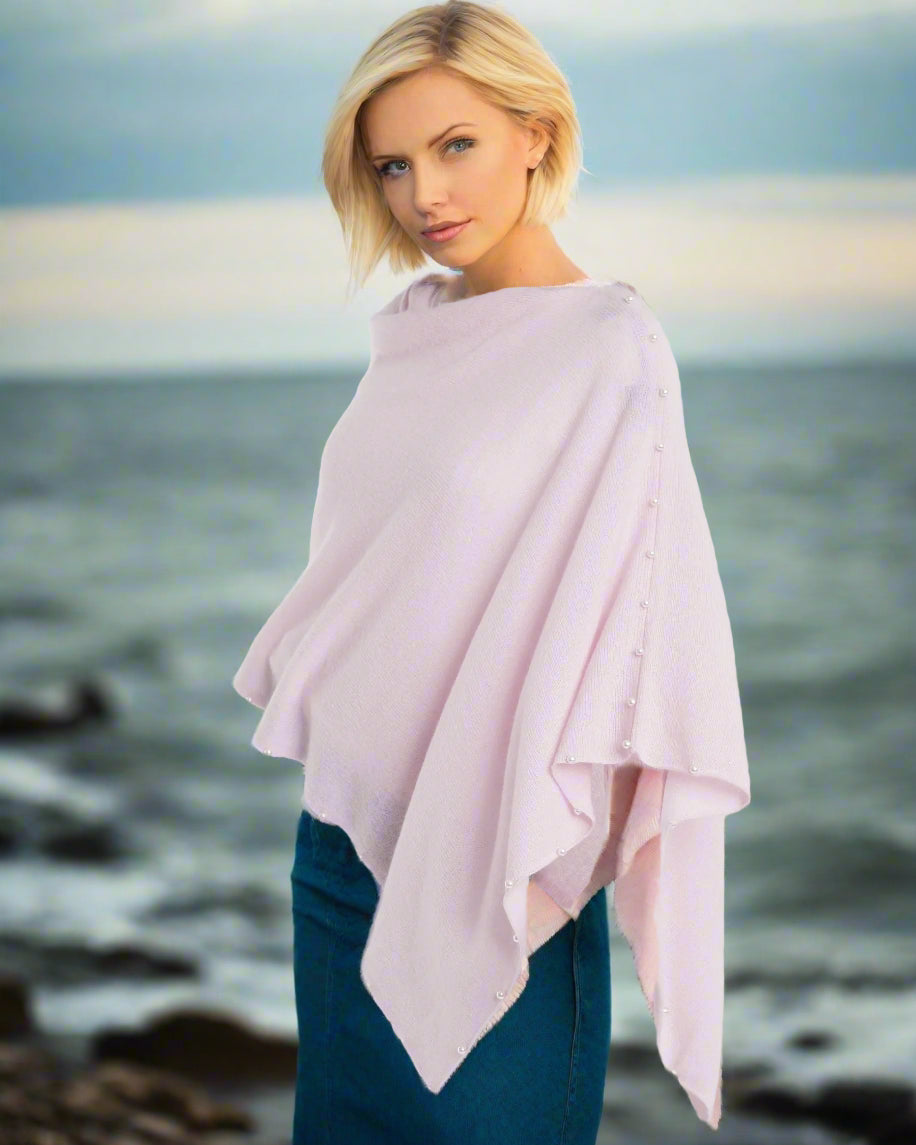Alashan 100% Cashmere Topper with Pearl trim beach pink